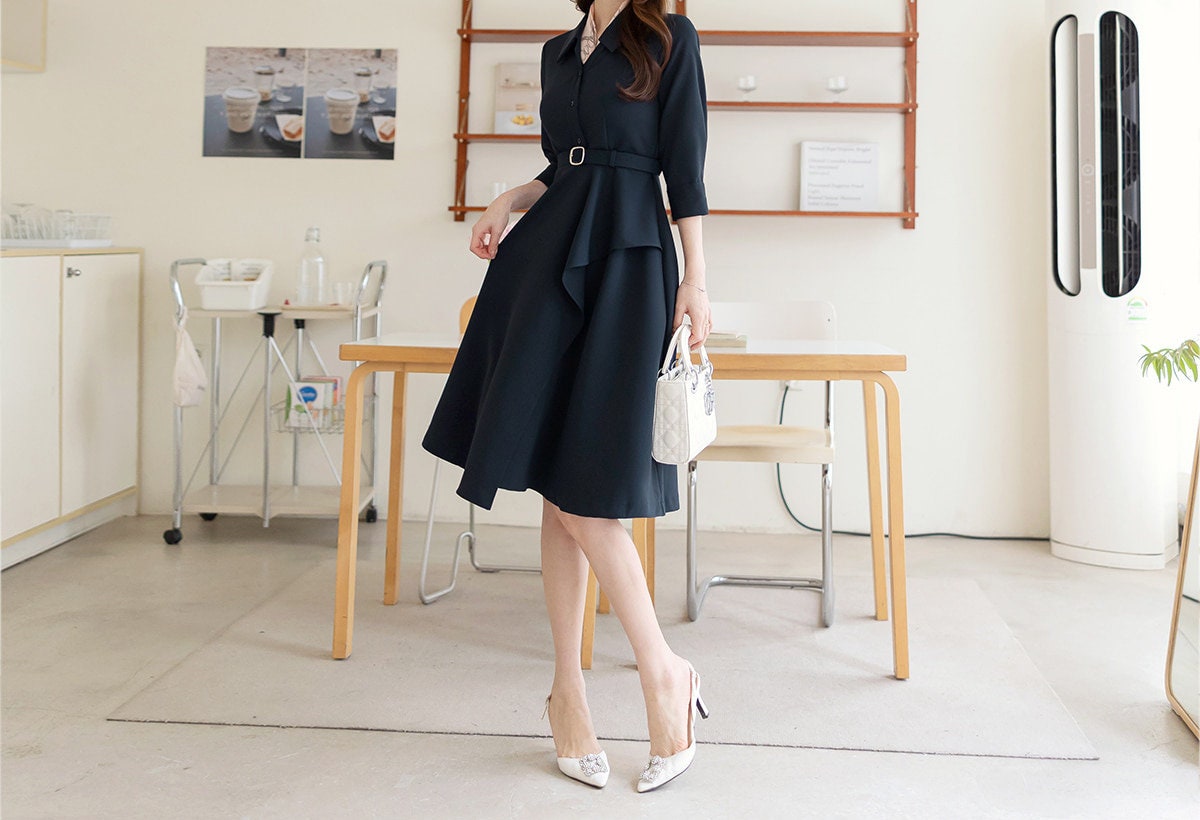 Classic Elegant Navy Flare Mini Dress with Belt / Korean Style Mini Flare Dress / Luxury wear Elegant Dress