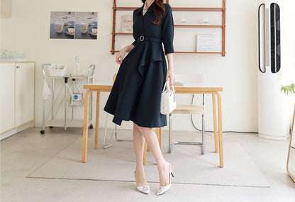 Classic Elegant Navy Flare Mini Dress with Belt / Korean Style Mini Flare Dress / Luxury wear Elegant Dress