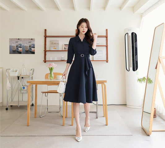 Classic Elegant Navy Flare Mini Dress with Belt / Korean Style Mini Flare Dress / Luxury wear Elegant Dress