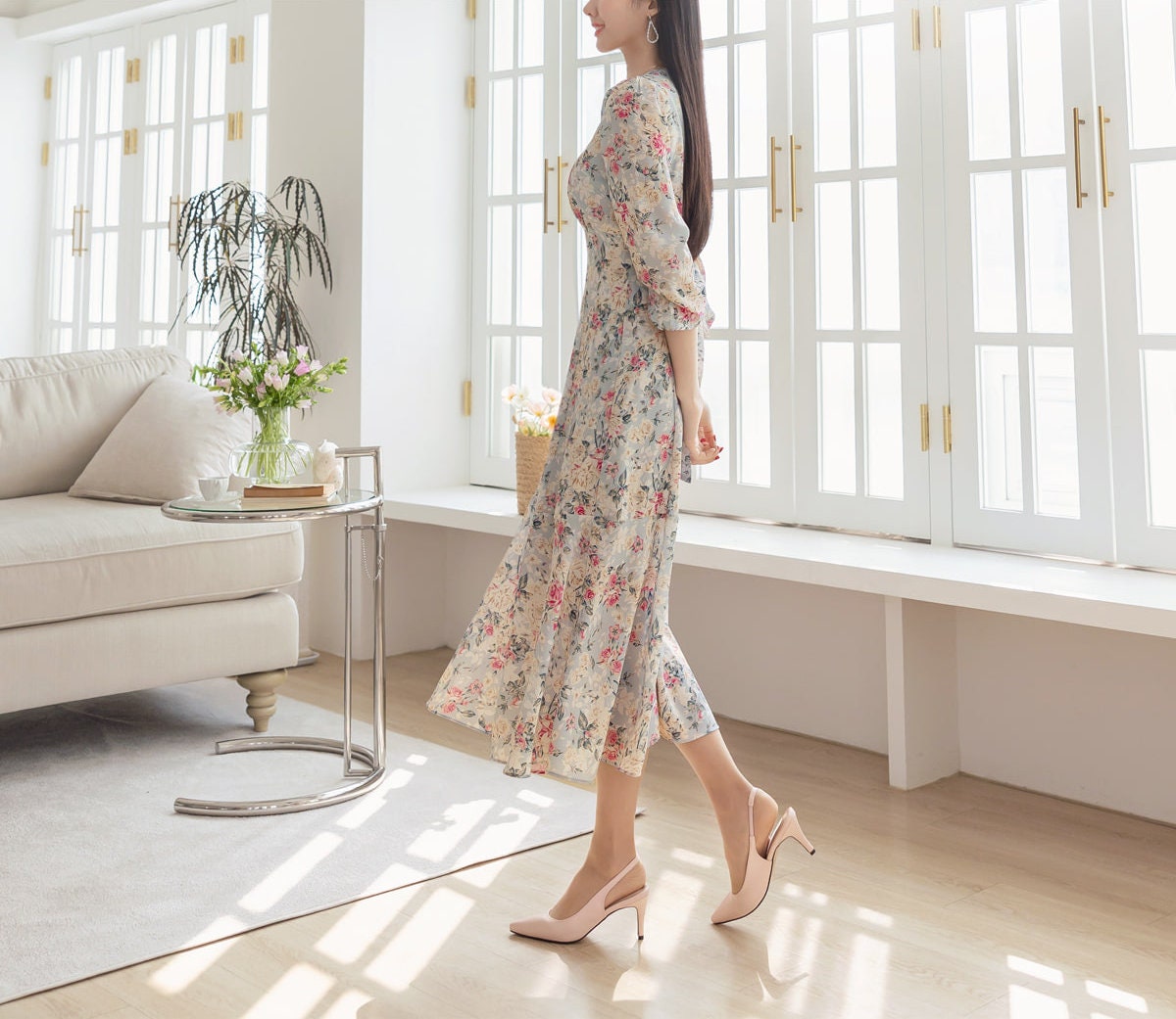 Floral Pattern Midi Long Flare Dress / Korean Style Long Sleeve Women Dress / Bridesmaid Dress