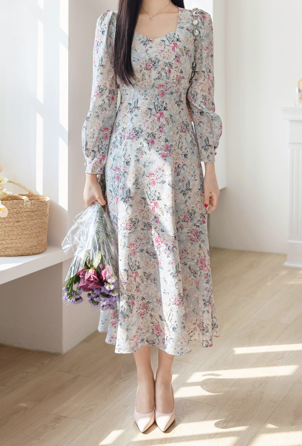 Floral Pattern Midi Long Flare Dress / Korean Style Long Sleeve Women Dress / Bridesmaid Dress