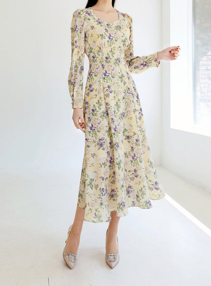 Floral Pattern Midi Long Flare Dress / Korean Style Long Sleeve Women Dress / Bridesmaid Dress