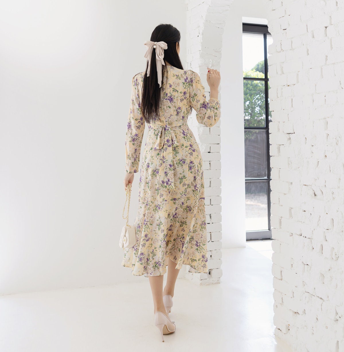 Floral Pattern Midi Long Flare Dress / Korean Style Long Sleeve Women Dress / Bridesmaid Dress