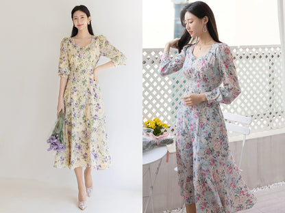 Floral Pattern Midi Long Flare Dress / Korean Style Long Sleeve Women Dress / Bridesmaid Dress