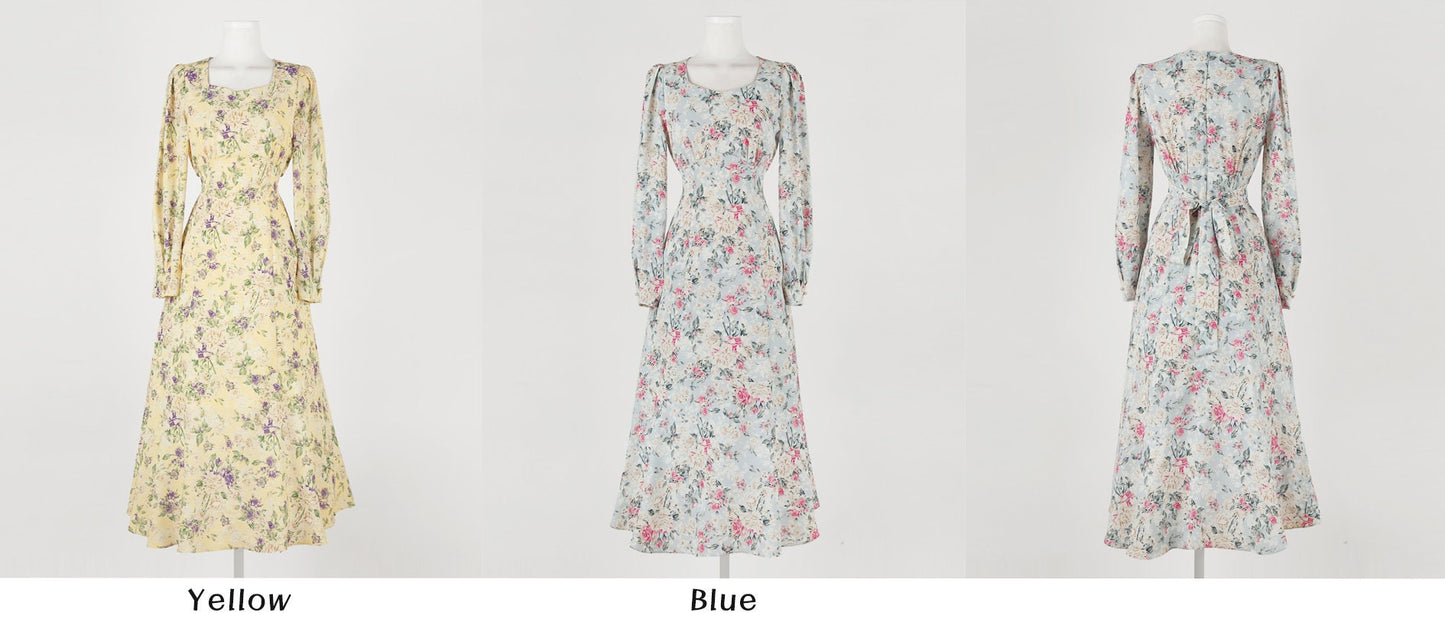 Floral Pattern Midi Long Flare Dress / Korean Style Long Sleeve Women Dress / Bridesmaid Dress