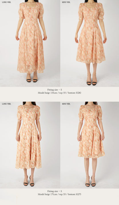 Floral Chiffon Midi Long Dress / Korean Style Short Sleeve Women Dress / Puff Sleeve Spring Summer Dress / Bridesmaid Dress