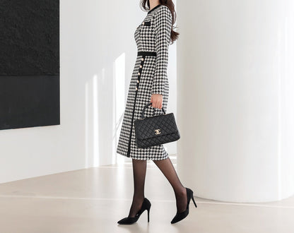 Elegant Classic Houndstooth Tweed Dress / Korean Style Feminine Midi Dress / Luxury wear Elegant Party Dress