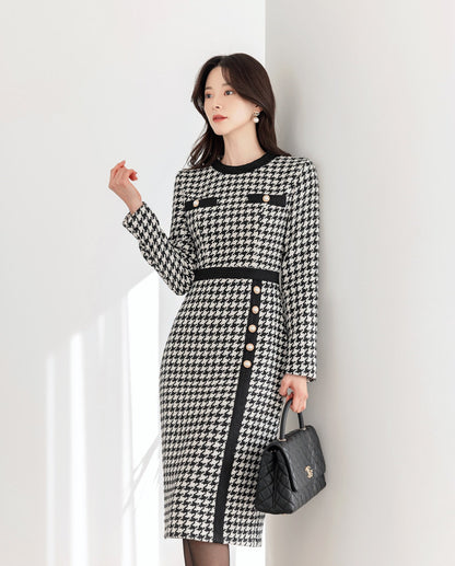 Elegant Classic Houndstooth Tweed Dress / Korean Style Feminine Midi Dress / Luxury wear Elegant Party Dress