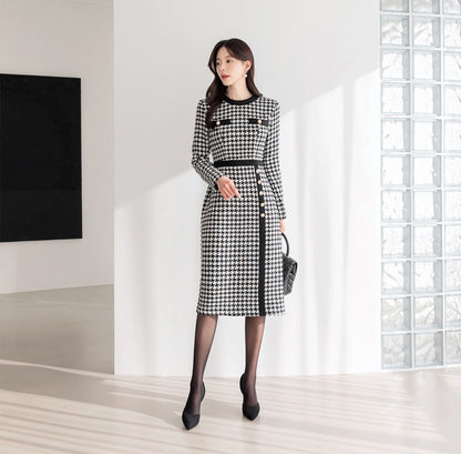 Elegant Classic Houndstooth Tweed Dress / Korean Style Feminine Midi Dress / Luxury wear Elegant Party Dress