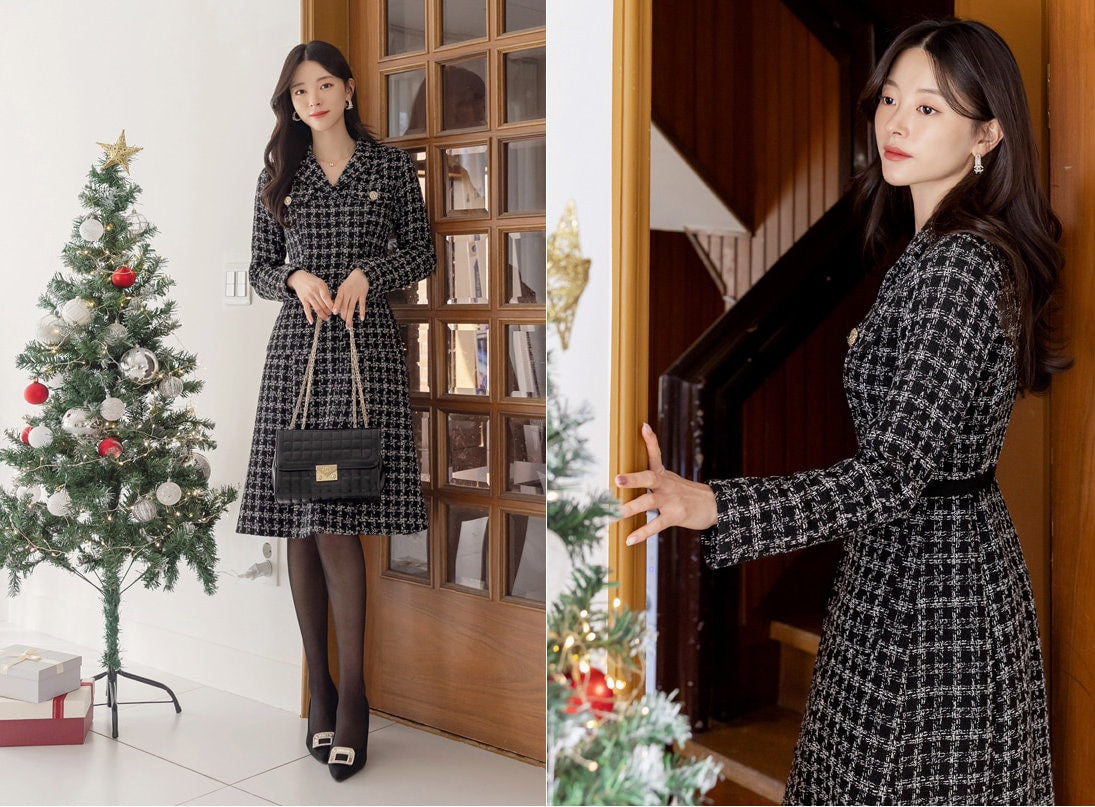 Classic Elegant Tweed Dress with Pockets / Korean Style Feminine Mini Dress / Luxury wear Elegant Party Dress