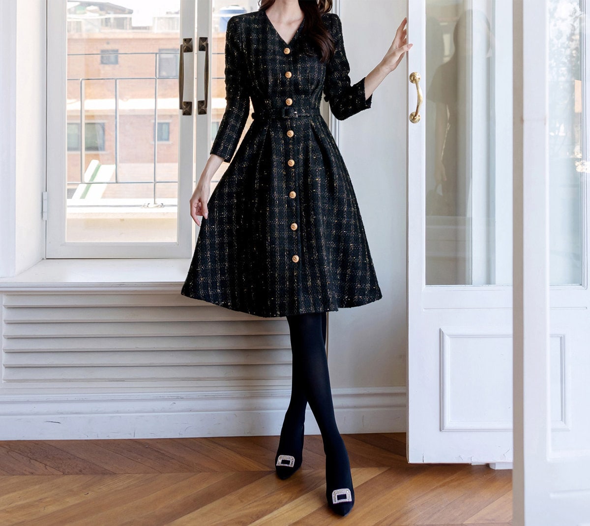 Elegant Classic Wool Blend Tweed V Neck Flare Dress with Gold Button / Korean Style Feminine Mini Dress / Luxury wear Elegant Party Dress