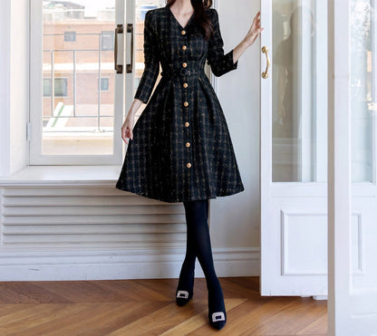 Elegant Classic Wool Blend Tweed V Neck Flare Dress with Gold Button / Korean Style Feminine Mini Dress / Luxury wear Elegant Party Dress