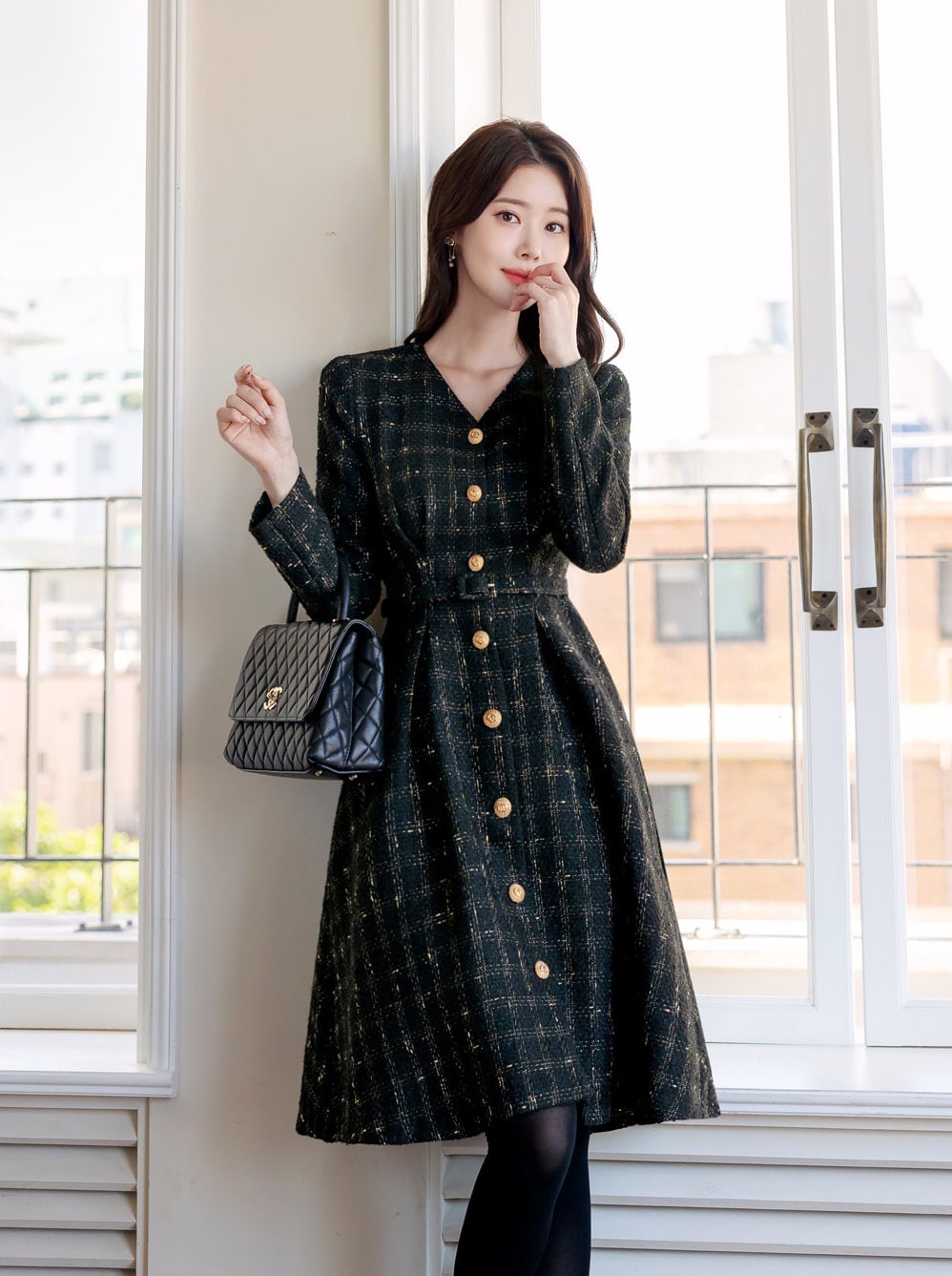 Elegant Classic Wool Blend Tweed V Neck Flare Dress with Gold Button / Korean Style Feminine Mini Dress / Luxury wear Elegant Party Dress