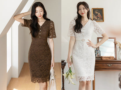 Short Sleeve V Neck Lace Spring Summer Mini Dress / Korean Style Slim Fit Dress / Luxury wear Elegant Dress / Elegant Unique Bridal Dress