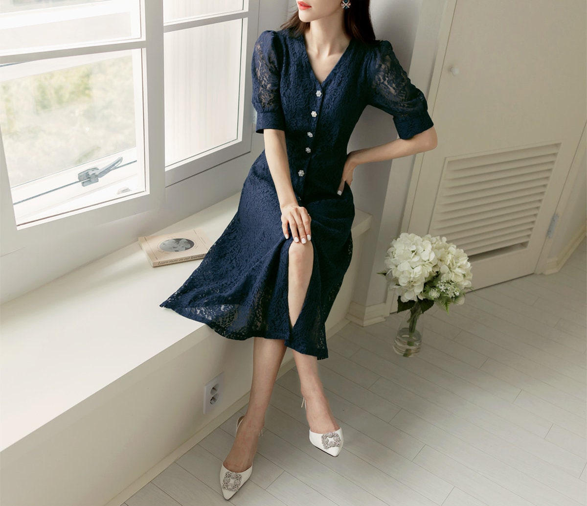 Elegant Unique Short Sleeve Navy Lace Dress / Vintage Style Front Button Lace Dress / Korean Style V-neck Feminine Dress