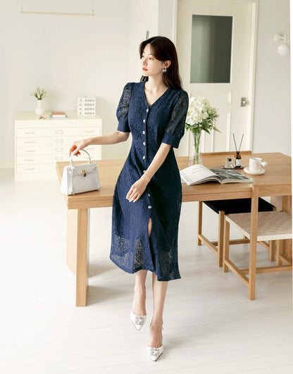 Elegant Unique Short Sleeve Navy Lace Dress / Vintage Style Front Button Lace Dress / Korean Style V-neck Feminine Dress