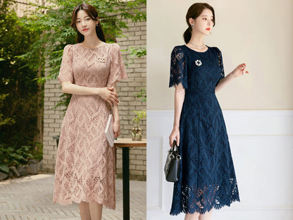 Short Sleeve Spring Summer Lace Dress / Korean Style Lace Midi Dress / Luxury wear Elegant Dress