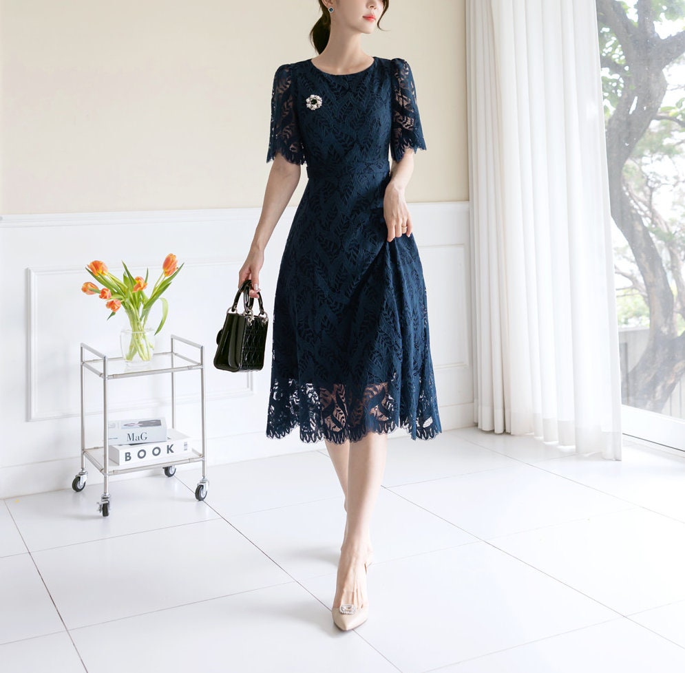 Short Sleeve Spring Summer Lace Dress / Korean Style Lace Midi Dress / Luxury wear Elegant Dress