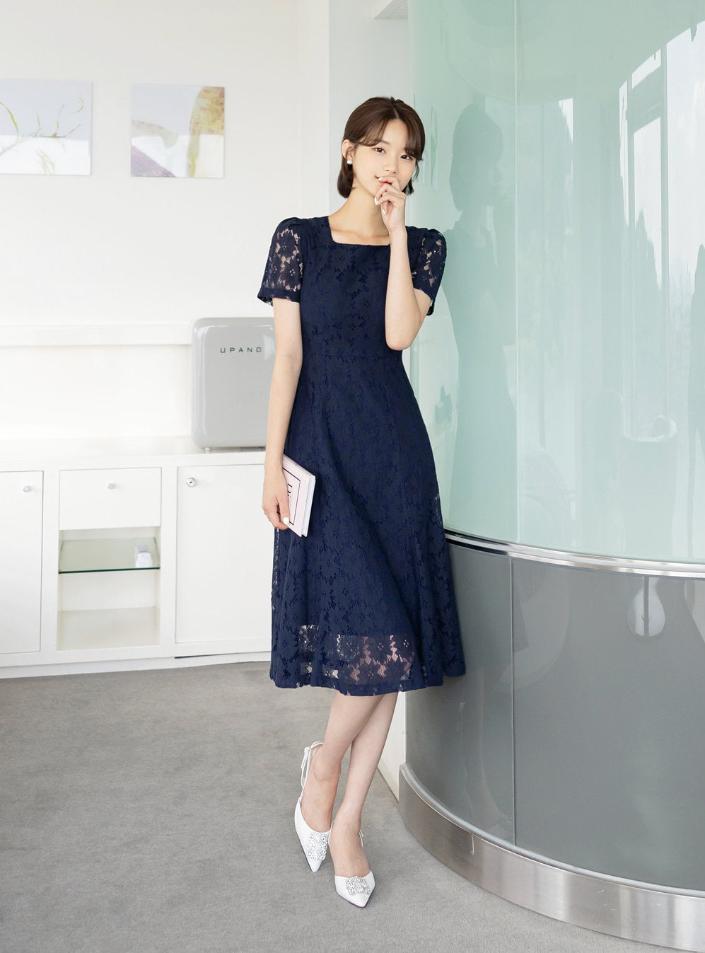 Square Neck Short Sleeve Spring Summer Lace Dress / Korean Style Lace Midi Dress / Luxury wear Elegant Dress