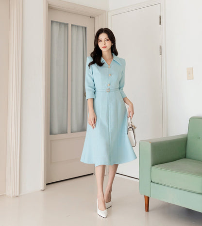 Feminine Elegant Jewel Button Tweed Dress with Belt / Korean Style Feminine Semi-Flare Dress / Luxury wear Elegant Party Dress