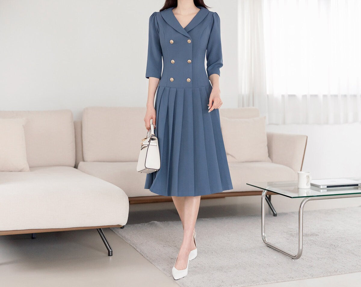 Feminine Elegant Double Breasted Pleated Dress / Korean Style Feminine Midi Dress / Luxury wear Elegant Party Dress