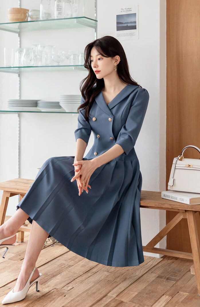 Feminine Elegant Double Breasted Pleated Dress / Korean Style Feminine Midi Dress / Luxury wear Elegant Party Dress