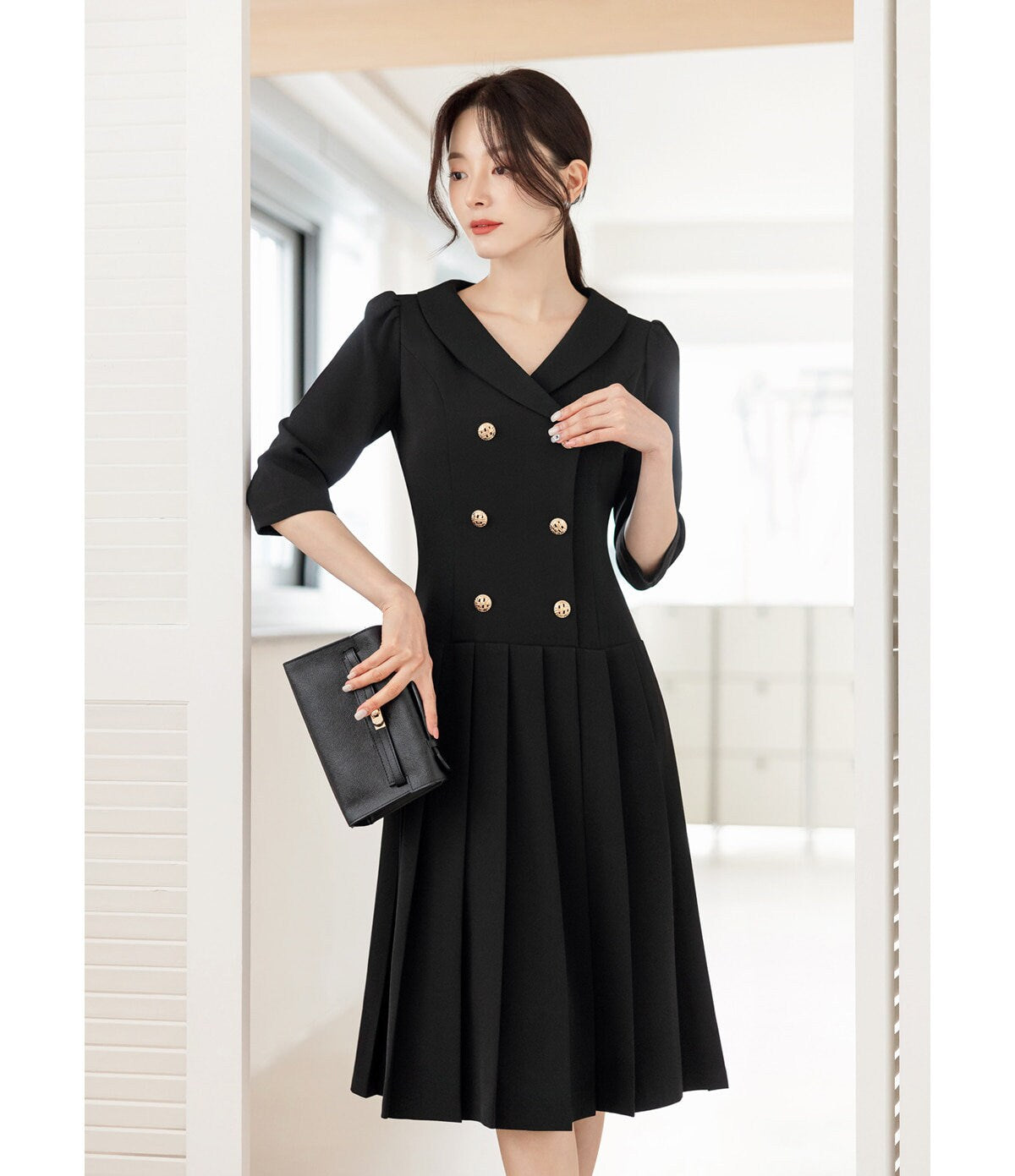 Feminine Elegant Double Breasted Pleated Dress / Korean Style Feminine Midi Dress / Luxury wear Elegant Party Dress