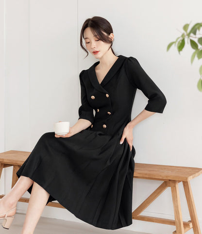 Feminine Elegant Double Breasted Pleated Dress / Korean Style Feminine Midi Dress / Luxury wear Elegant Party Dress