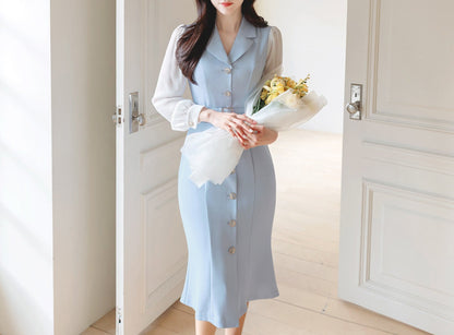 Classic Elegant Layered Semi-Mermaid Dress with Belt / Korean Style Feminine Midi Dress / Luxury wear Elegant Dress