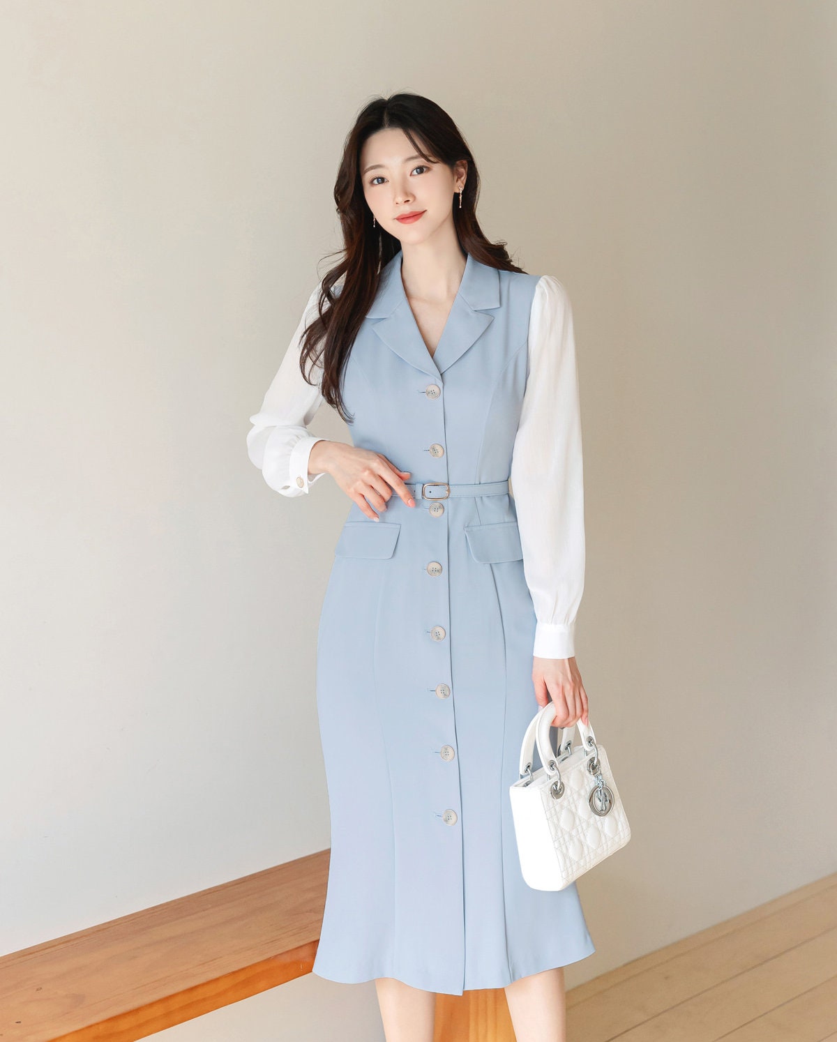 Classic Elegant Layered Semi-Mermaid Dress with Belt / Korean Style Feminine Midi Dress / Luxury wear Elegant Dress