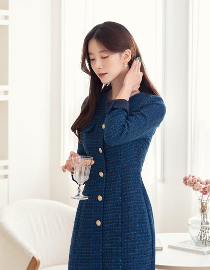 Feminine Elegant Tweed Dress with Gold Button / Korean Style Feminine V-Neck Midi Dress / Luxury wear Elegant Party Dress