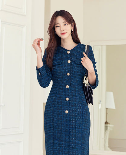 Feminine Elegant Tweed Dress with Gold Button / Korean Style Feminine V-Neck Midi Dress / Luxury wear Elegant Party Dress