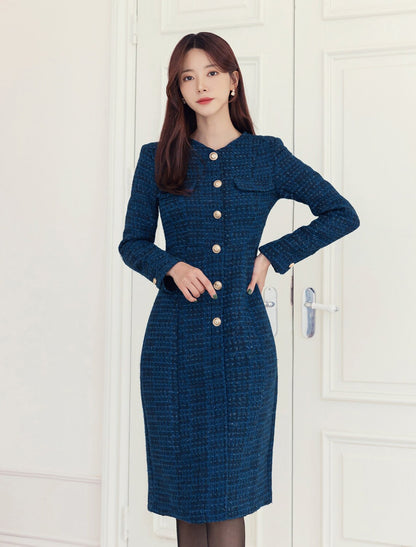 Feminine Elegant Tweed Dress with Gold Button / Korean Style Feminine V-Neck Midi Dress / Luxury wear Elegant Party Dress