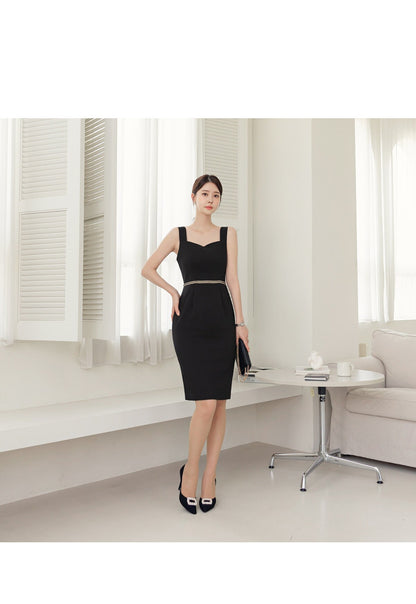 Elegant Feminin Slim Fit Square Neck Sleeveless Black Dress / Korean Style Mini Dress / Clasic Simple Sleeveless Dress for Women