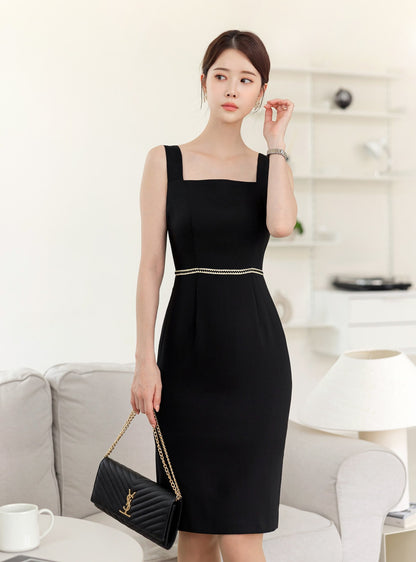 Elegant Feminin Slim Fit Square Neck Sleeveless Black Dress / Korean Style Mini Dress / Clasic Simple Sleeveless Dress for Women