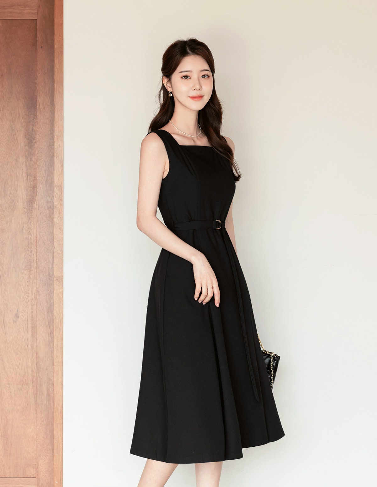 Elegant Feminin Square Neck Sleeveless Flare Dress with Pocket / Korean Style Midi Dress / Clasic Simple Sleeveless Dress for Women