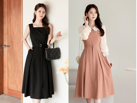 Elegant Feminin Square Neck Sleeveless Flare Dress with Pocket / Korean Style Midi Dress / Clasic Simple Sleeveless Dress for Women