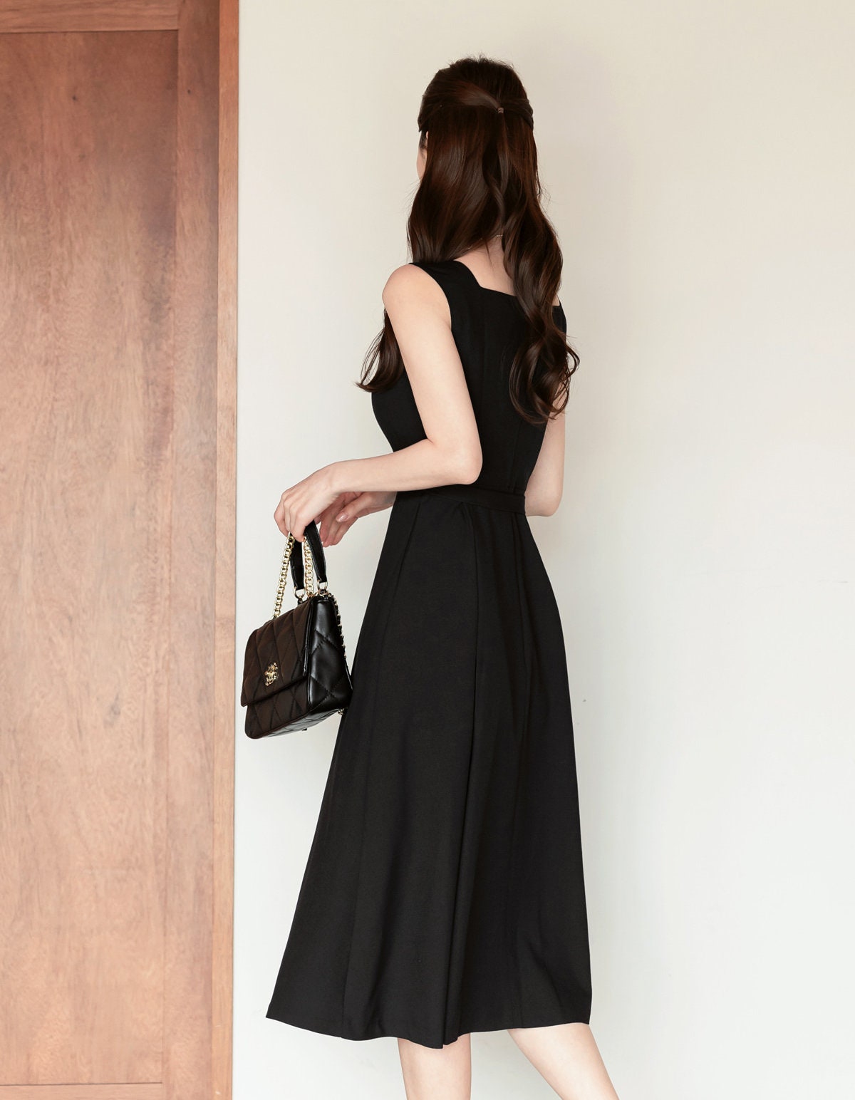 Elegant Feminin Square Neck Sleeveless Flare Dress with Pocket / Korean Style Midi Dress / Clasic Simple Sleeveless Dress for Women