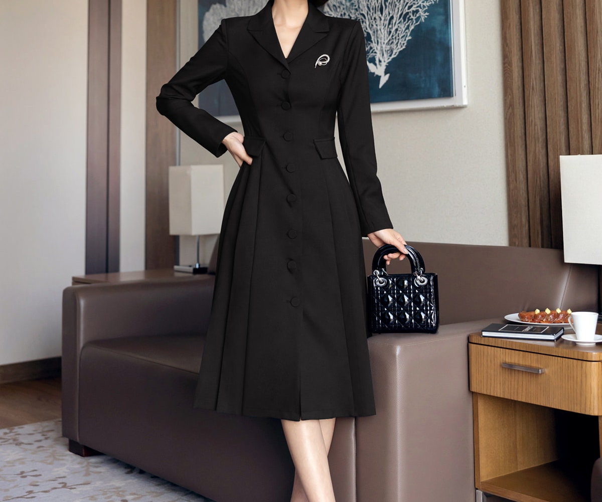 Korean Style Single Breasted Blazer Dress / V Neck Elegant Feminin Black Dress / Jacket Style Modern Chic Midi Dress