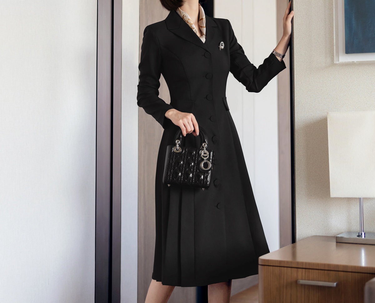 Korean Style Single Breasted Blazer Dress / V Neck Elegant Feminin Black Dress / Jacket Style Modern Chic Midi Dress