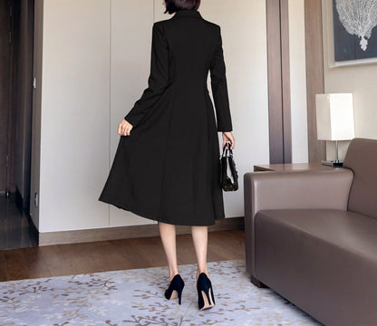 Korean Style Single Breasted Blazer Dress / V Neck Elegant Feminin Black Dress / Jacket Style Modern Chic Midi Dress