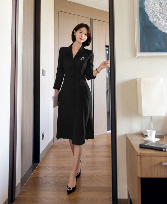 Korean Style Single Breasted Blazer Dress / V Neck Elegant Feminin Black Dress / Jacket Style Modern Chic Midi Dress