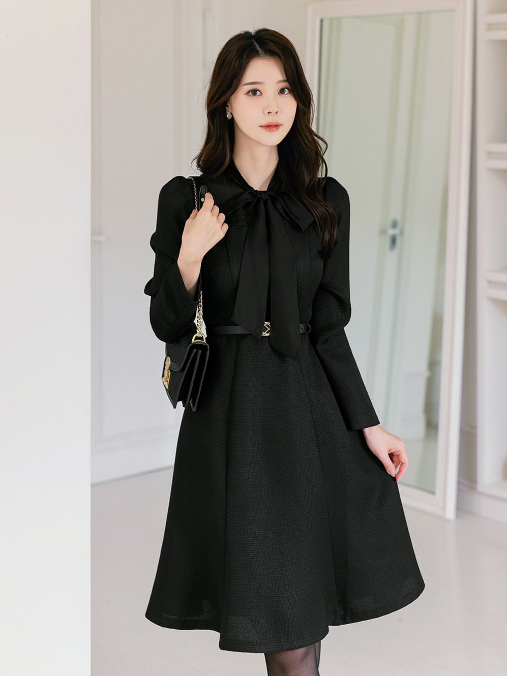 Elegant Feminine Flare Dress with Belt / Korean Style Mini Dress with Long Sleeve / Lovely Ribbon Tie Dress with Belt