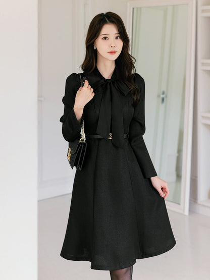 Elegant Feminine Flare Dress with Belt / Korean Style Mini Dress with Long Sleeve / Lovely Ribbon Tie Dress with Belt