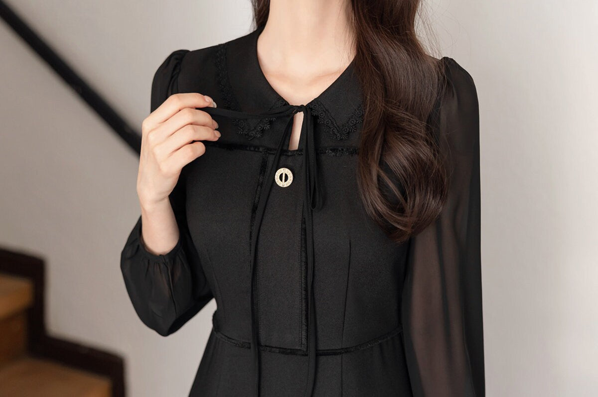 Classic Elegant Feminine Flare Dress / Korean Style Black Mini Dress with See-Through Sleeve / Simple Ribbon Tie Dress