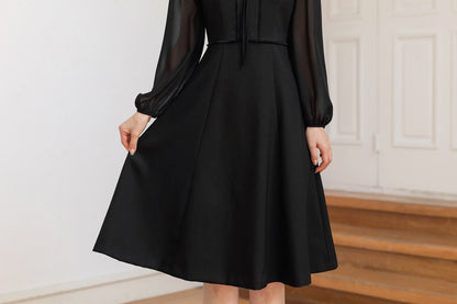 Classic Elegant Feminine Flare Dress / Korean Style Black Mini Dress with See-Through Sleeve / Simple Ribbon Tie Dress