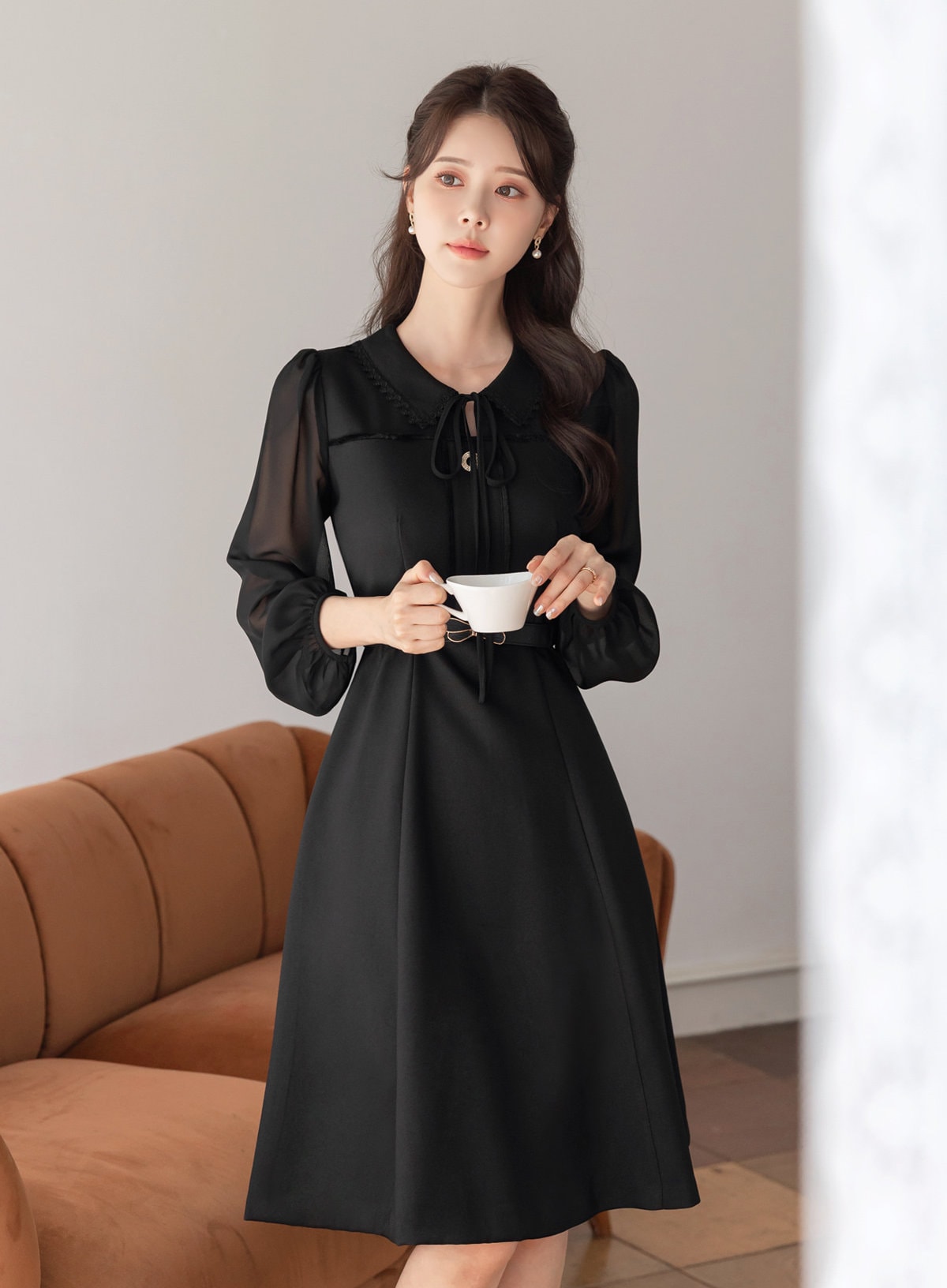 Classic Elegant Feminine Flare Dress / Korean Style Black Mini Dress with See-Through Sleeve / Simple Ribbon Tie Dress