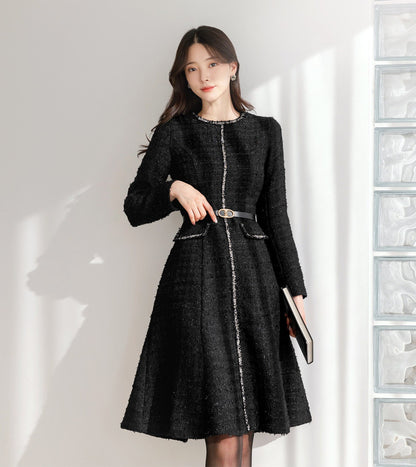 Luxury Elegant Black Tweed Mini Dress with Belt / Korean Style Winter Mini Flare Dress / Luxury wear Elegant Black Dress