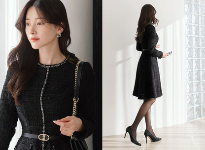 Luxury Elegant Black Tweed Mini Dress with Belt / Korean Style Winter Mini Flare Dress / Luxury wear Elegant Black Dress