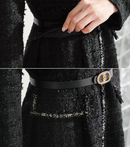 Luxury Elegant Black Tweed Mini Dress with Belt / Korean Style Winter Mini Flare Dress / Luxury wear Elegant Black Dress